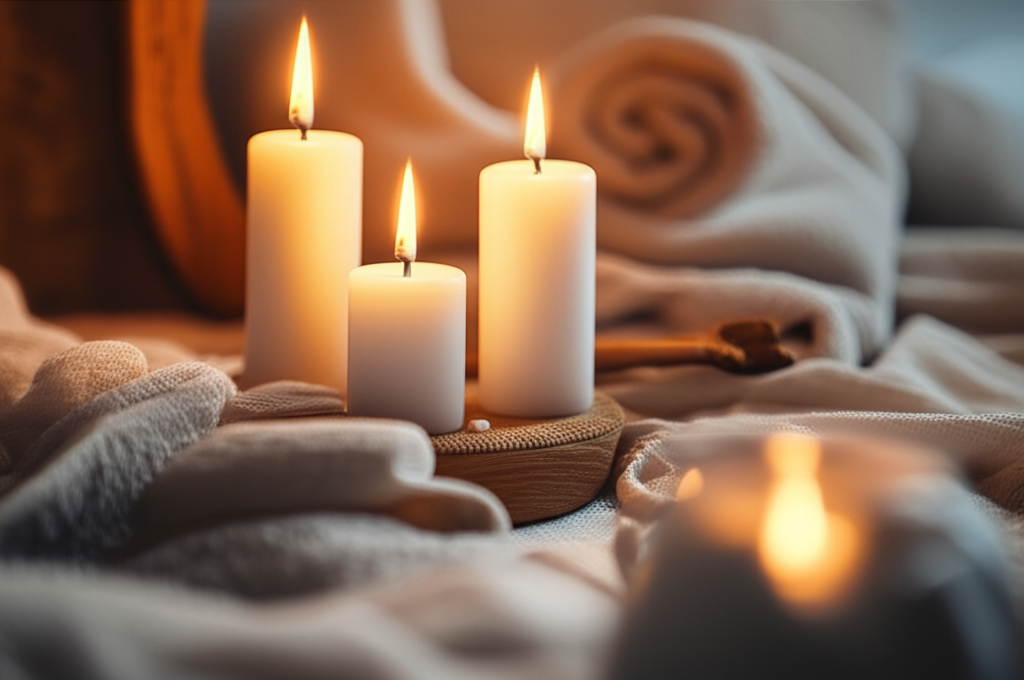 Ambiente relajante con velas y texturas de bienestar íntimo - SenziaVibes lifestyle